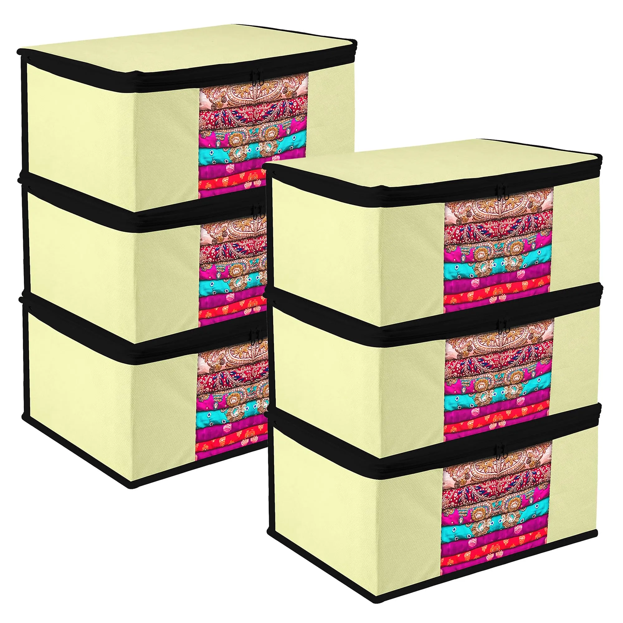 Kuber Industries Saree Cover | Zip Closure Saree Cover | Clothes Storage Bag | Wardrobe Organiser for Suit | Transparent Window Saree Cover | Plain-Black Border | 9 inch | Pack of 6 | Cream