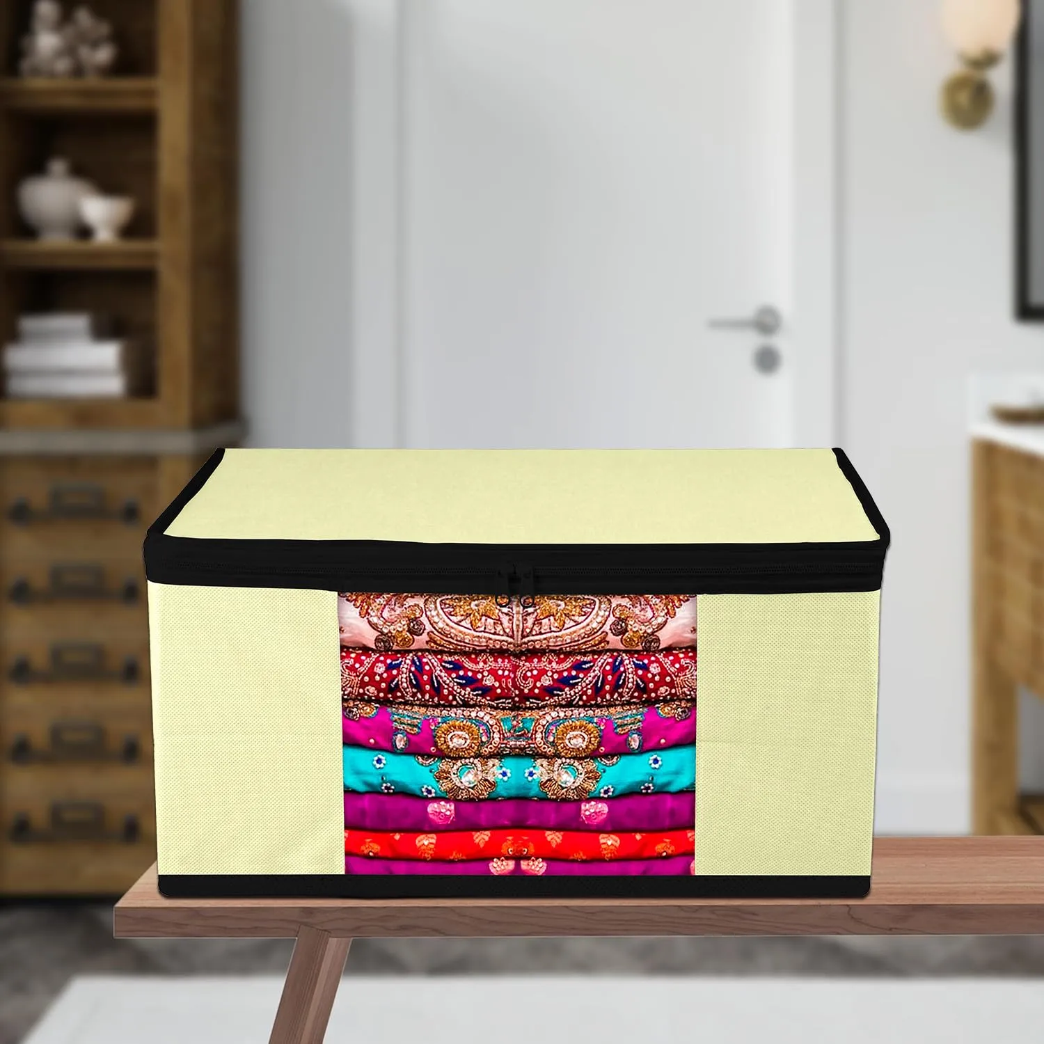 Kuber Industries Saree Cover | Zip Closure Saree Cover | Clothes Storage Bag | Wardrobe Organiser for Suit | Transparent Window Saree Cover | Plain-Black Border | 9 inch | Pack of 6 | Cream