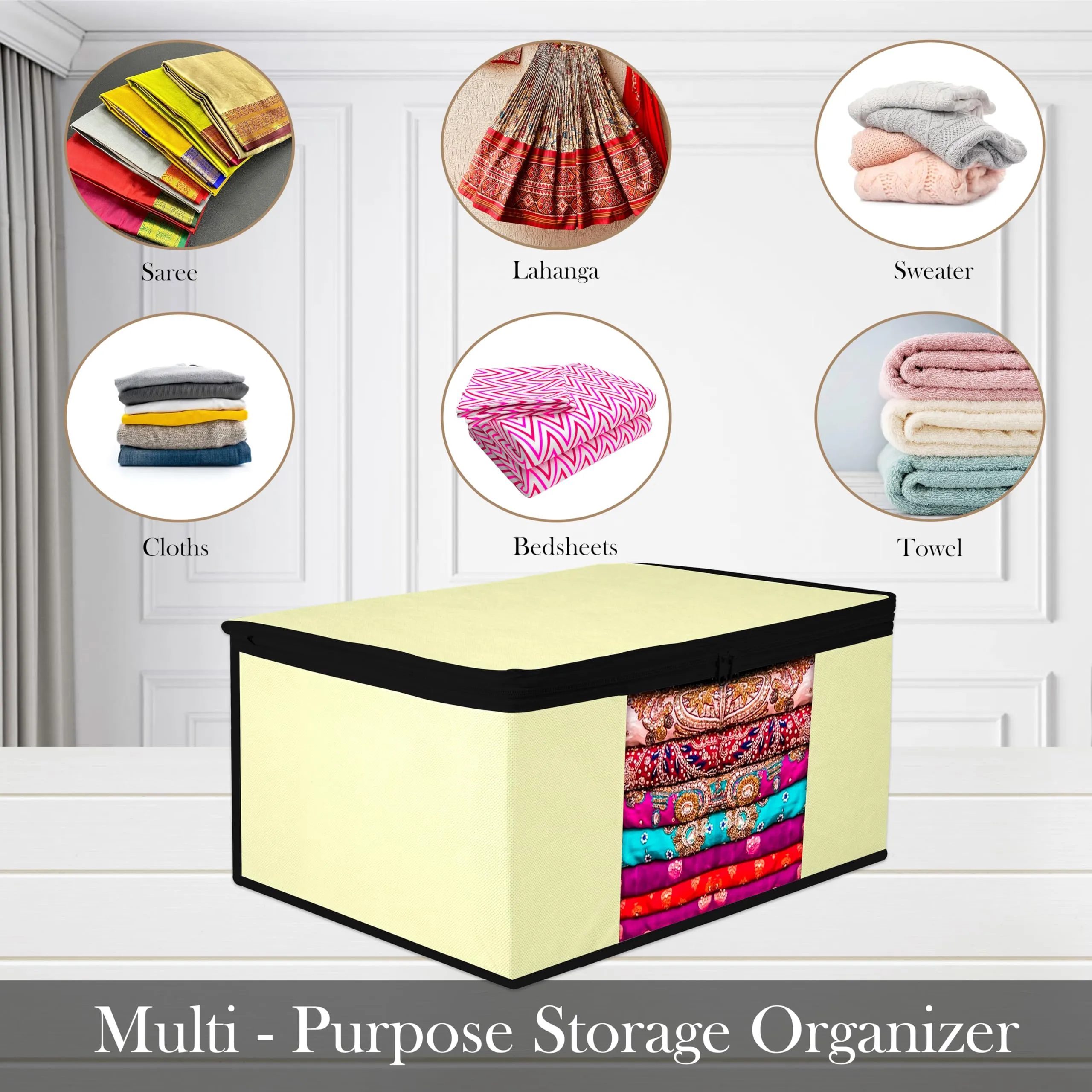 Kuber Industries Saree Cover | Zip Closure Saree Cover | Clothes Storage Bag | Wardrobe Organiser for Suit | Transparent Window Saree Cover | Plain-Black Border | 9 inch | Pack of 6 | Cream
