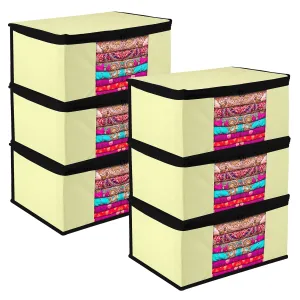 Kuber Industries Saree Cover | Zip Closure Saree Cover | Clothes Storage Bag | Wardrobe Organiser for Suit | Transparent Window Saree Cover | Plain-Black Border | 9 inch | Pack of 6 | Cream