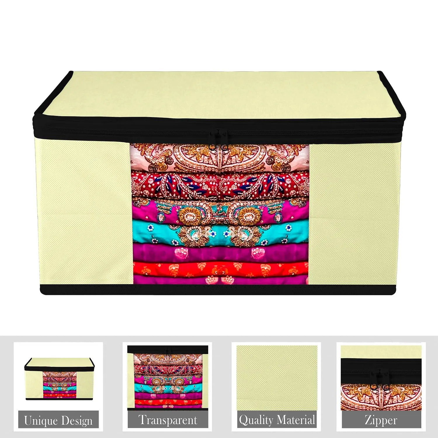 Kuber Industries Saree Cover | Zip Closure Saree Cover | Clothes Storage Bag | Wardrobe Organiser for Suit | Transparent Window Saree Cover | Plain-Black Border | 9 inch | Pack of 6 | Cream