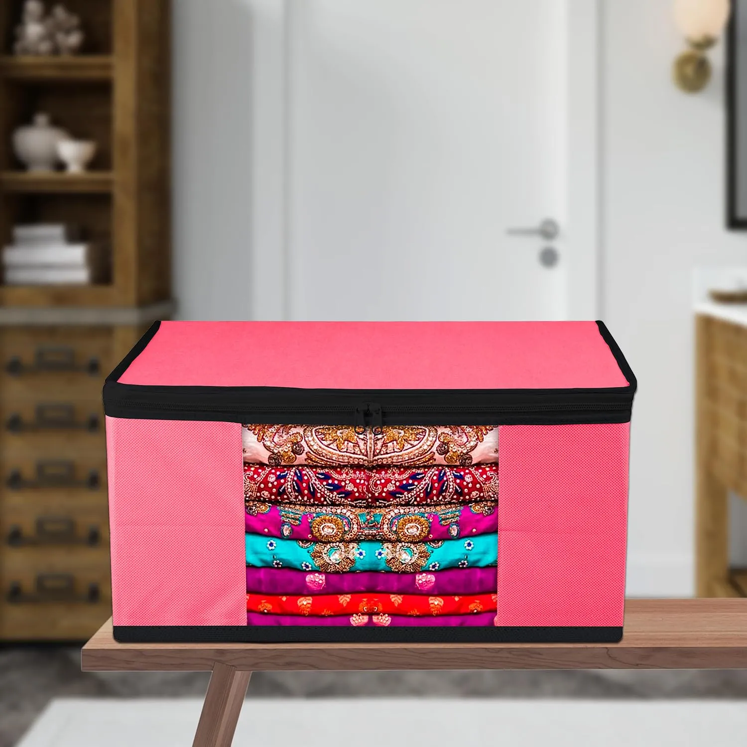 Kuber Industries Saree Cover | Zip Closure Saree Cover | Clothes Storage Bag | Wardrobe Organiser for Suit | Transparent Window Saree Cover | Plain-Black Border | 9 inch | Pack of 6 | Pink