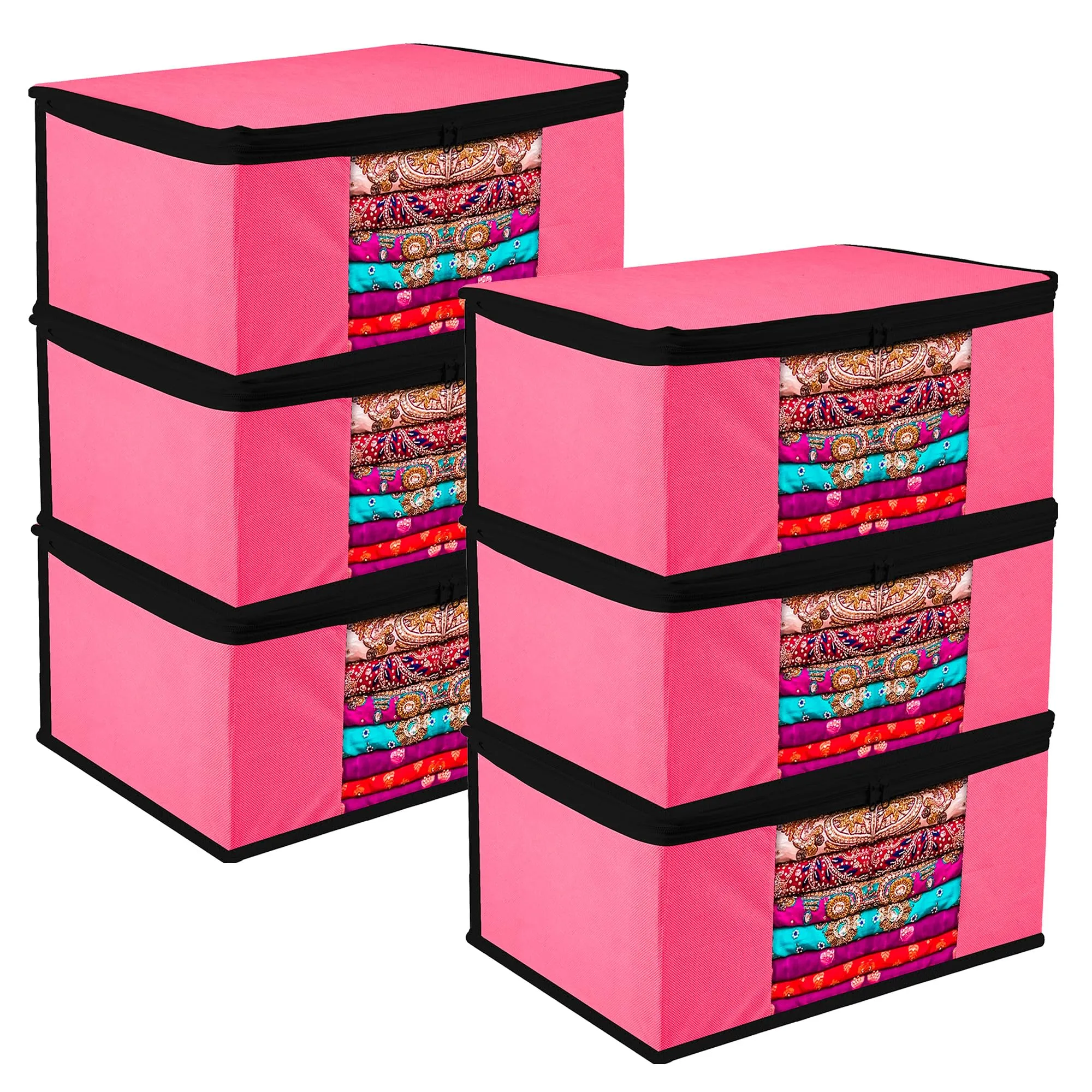 Kuber Industries Saree Cover | Zip Closure Saree Cover | Clothes Storage Bag | Wardrobe Organiser for Suit | Transparent Window Saree Cover | Plain-Black Border | 9 inch | Pack of 6 | Pink