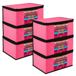 Kuber Industries Saree Cover | Zip Closure Saree Cover | Clothes Storage Bag | Wardrobe Organiser for Suit | Transparent Window Saree Cover | Plain-Black Border | 9 inch | Pack of 6 | Pink