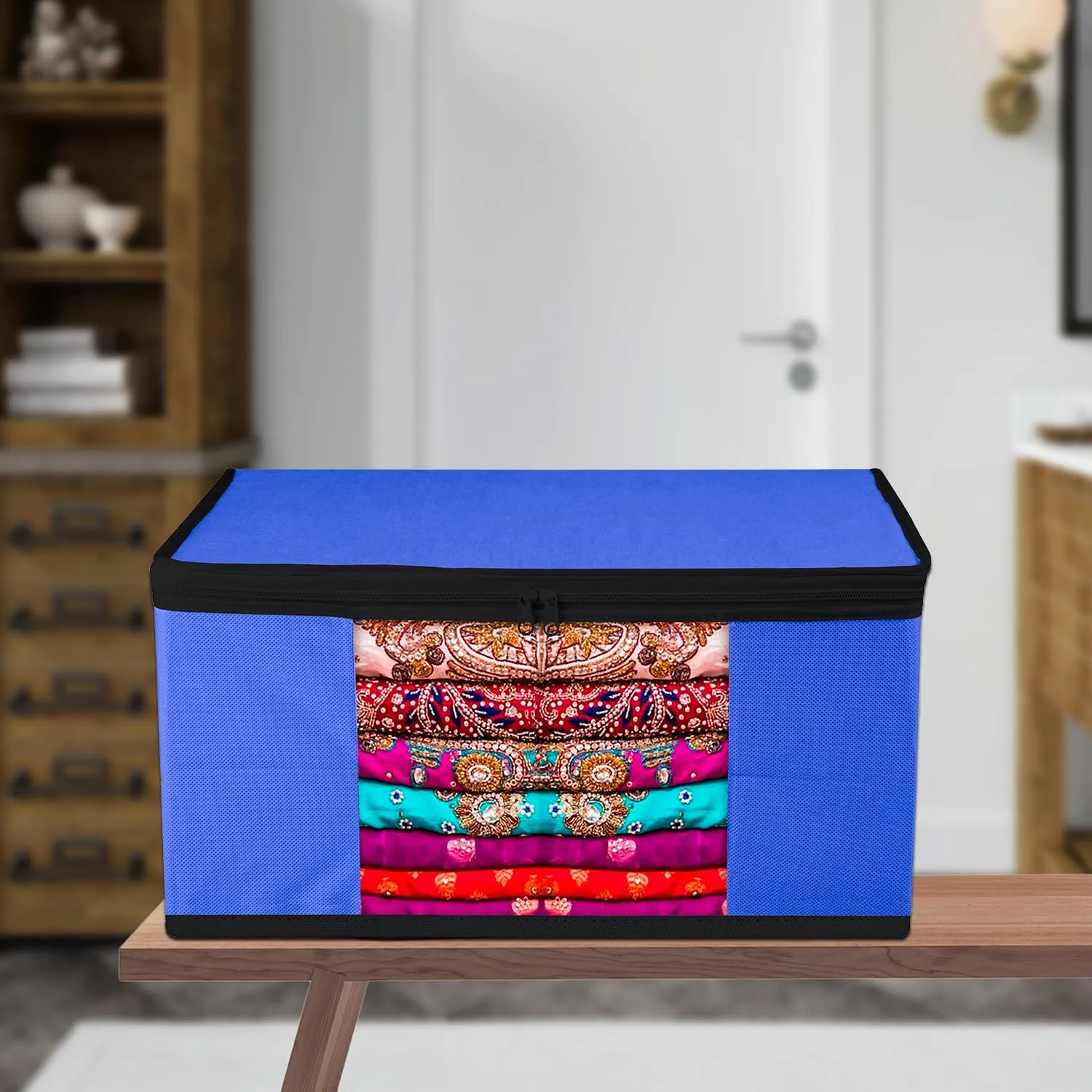 Kuber Industries Saree Cover | Zip Closure Saree Cover | Clothes Storage Bag | Wardrobe Organiser for Suit | Transparent Window Saree Cover | Plain-Black Border | 9 inch | Pack of 9 | Blue