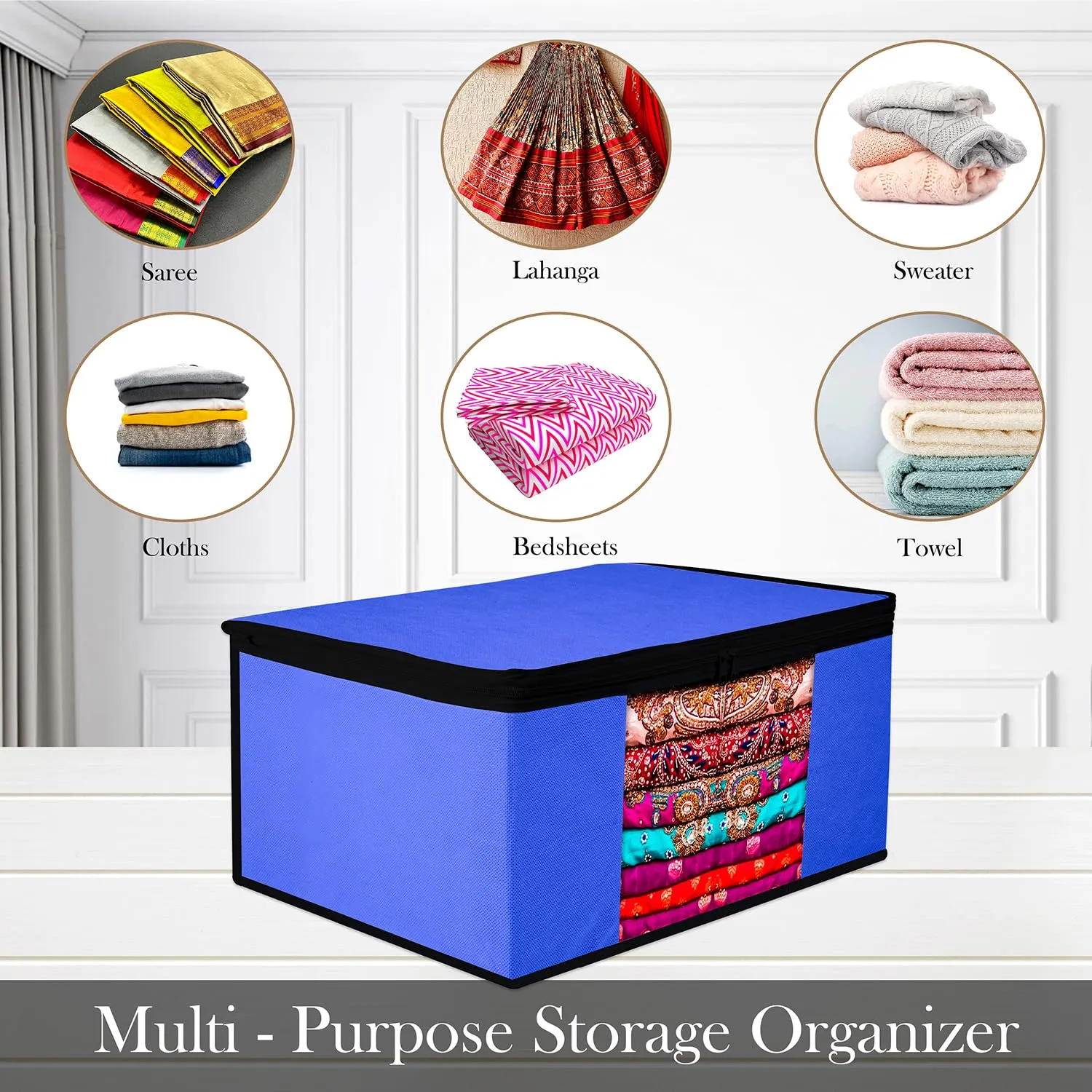 Kuber Industries Saree Cover | Zip Closure Saree Cover | Clothes Storage Bag | Wardrobe Organiser for Suit | Transparent Window Saree Cover | Plain-Black Border | 9 inch | Pack of 9 | Blue