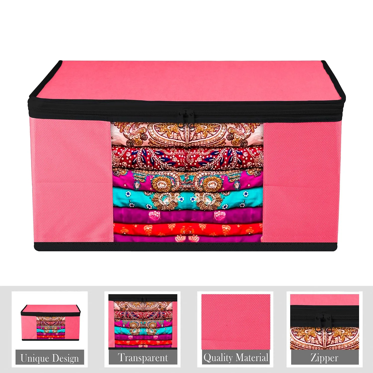 Kuber Industries Saree Cover | Zip Closure Saree Cover | Clothes Storage Bag | Wardrobe Organiser for Suit | Transparent Window Saree Cover | Plain-Black Border | 9 inch | Pack of 9 | Pink