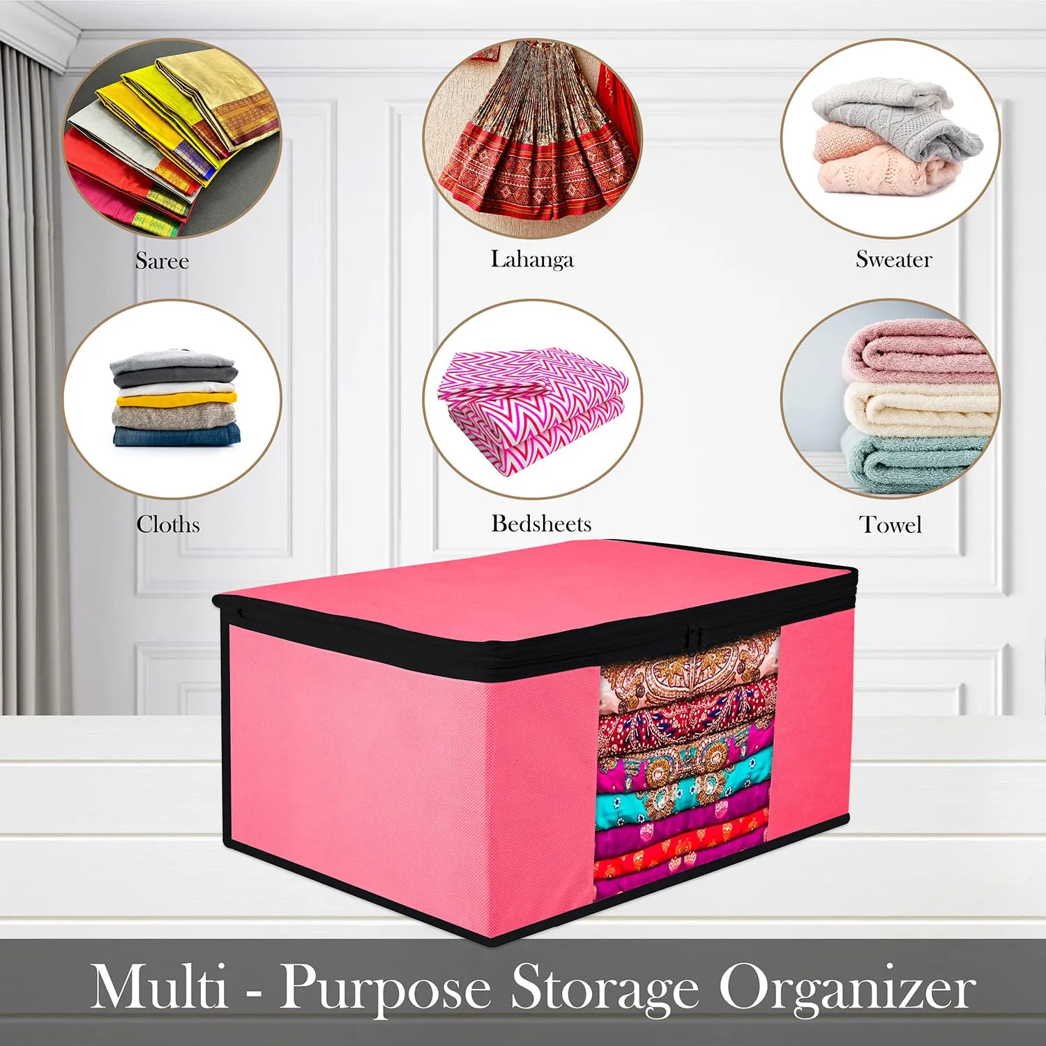 Kuber Industries Saree Cover | Zip Closure Saree Cover | Clothes Storage Bag | Wardrobe Organiser for Suit | Transparent Window Saree Cover | Plain-Black Border | 9 inch | Pack of 9 | Pink