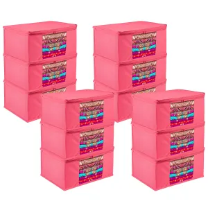 Kuber Industries Saree Cover | Zip Closure Saree Cover | Clothes Storage Bag | Wardrobe Organiser for Suit | Transparent Window Saree Cover | Plain Saree Cover | 9 inch | Pack of 12 | Pink