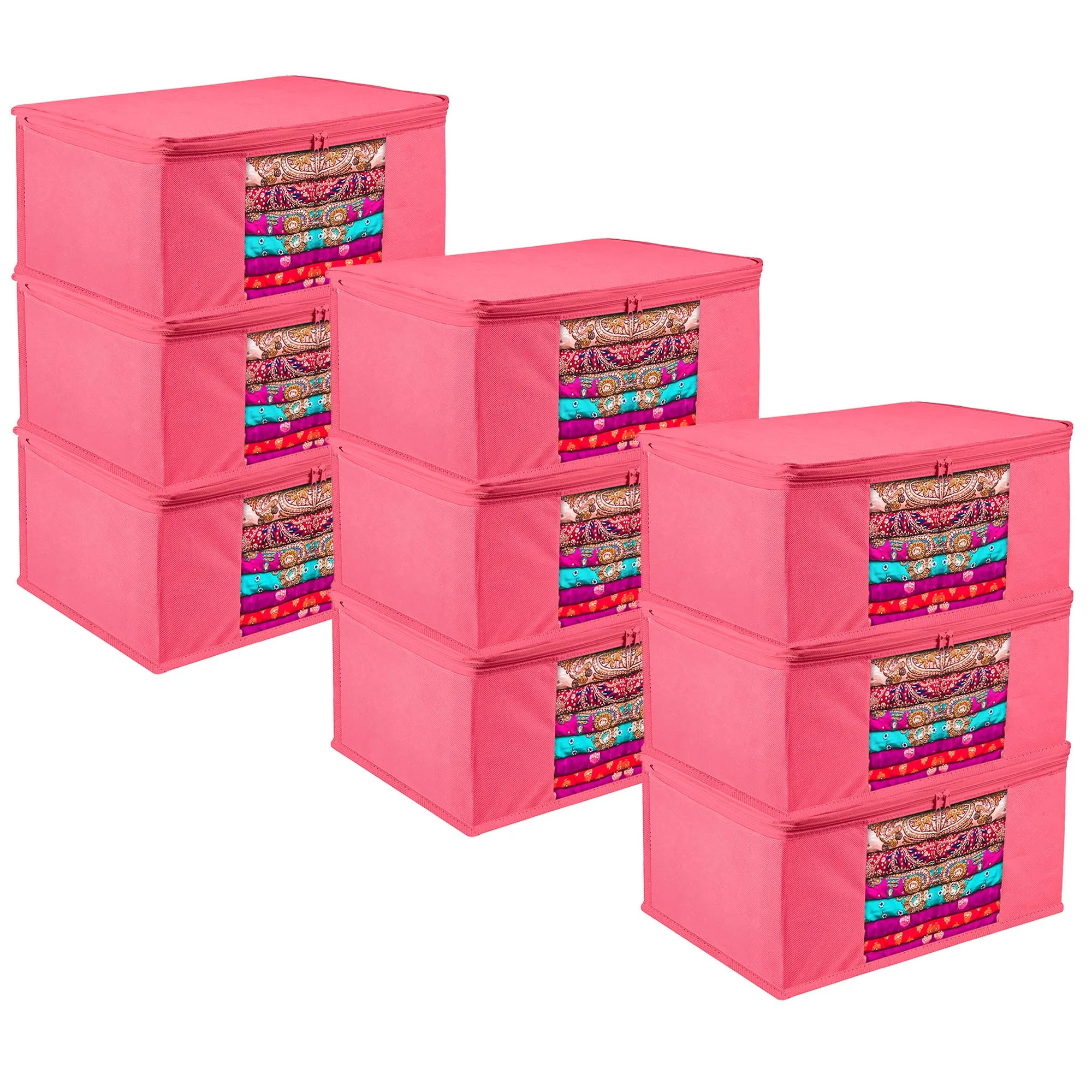 Kuber Industries Saree Cover | Zip Closure Saree Cover | Clothes Storage Bag | Wardrobe Organiser for Suit | Transparent Window Saree Cover | Plain Saree Cover | 9 inch | Pack of 9 | Pink
