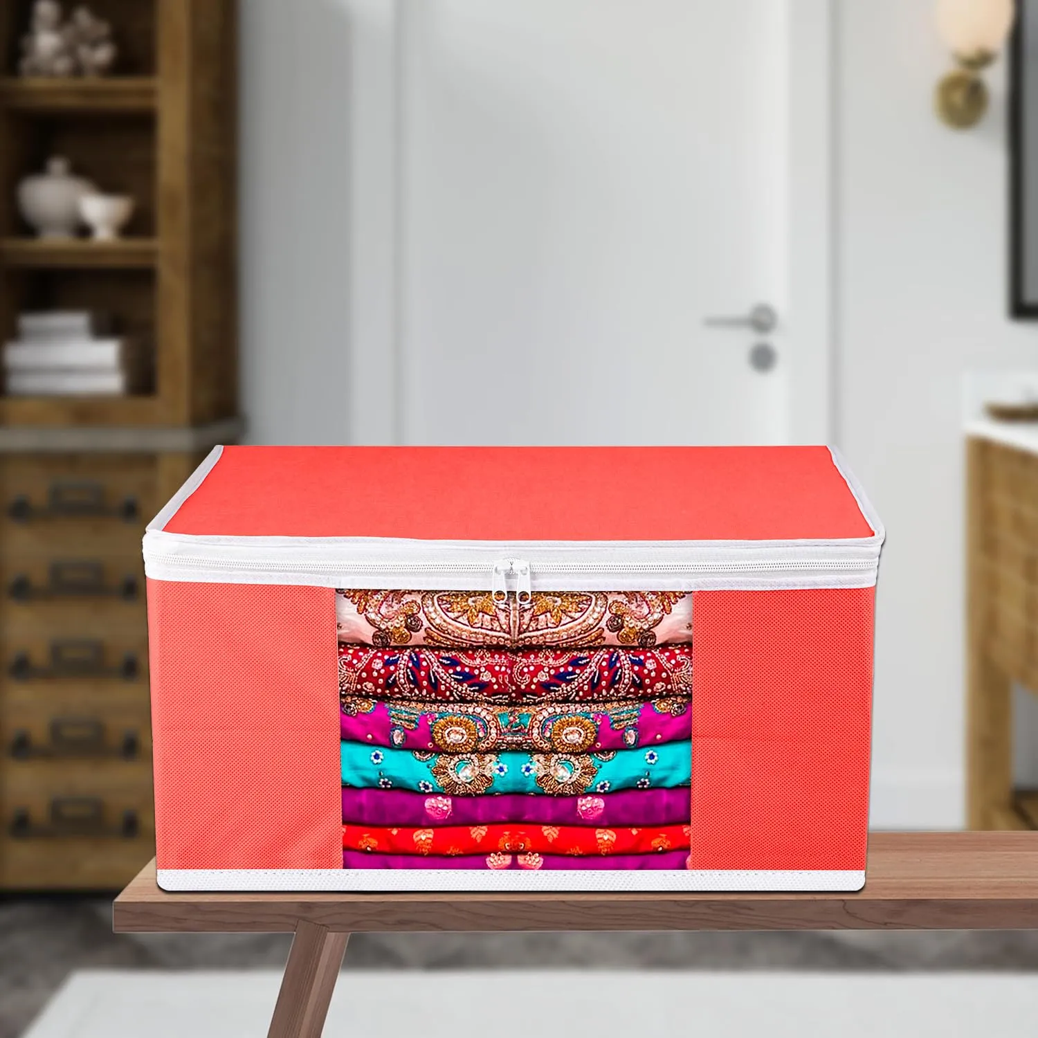 Kuber Industries Saree Cover | Zip Closure Saree Cover | Clothes Storage Bag | Wardrobe Organiser for Suit | Transparent Window Saree Cover | Plain-White Border | 9 inch | Pack of 12 | Red