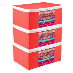 Kuber Industries Saree Cover | Zip Closure Saree Cover | Clothes Storage Bag | Wardrobe Organiser for Suit | Transparent Window Saree Cover | Plain-White Border | 9 inch | Pack of 3 | Red