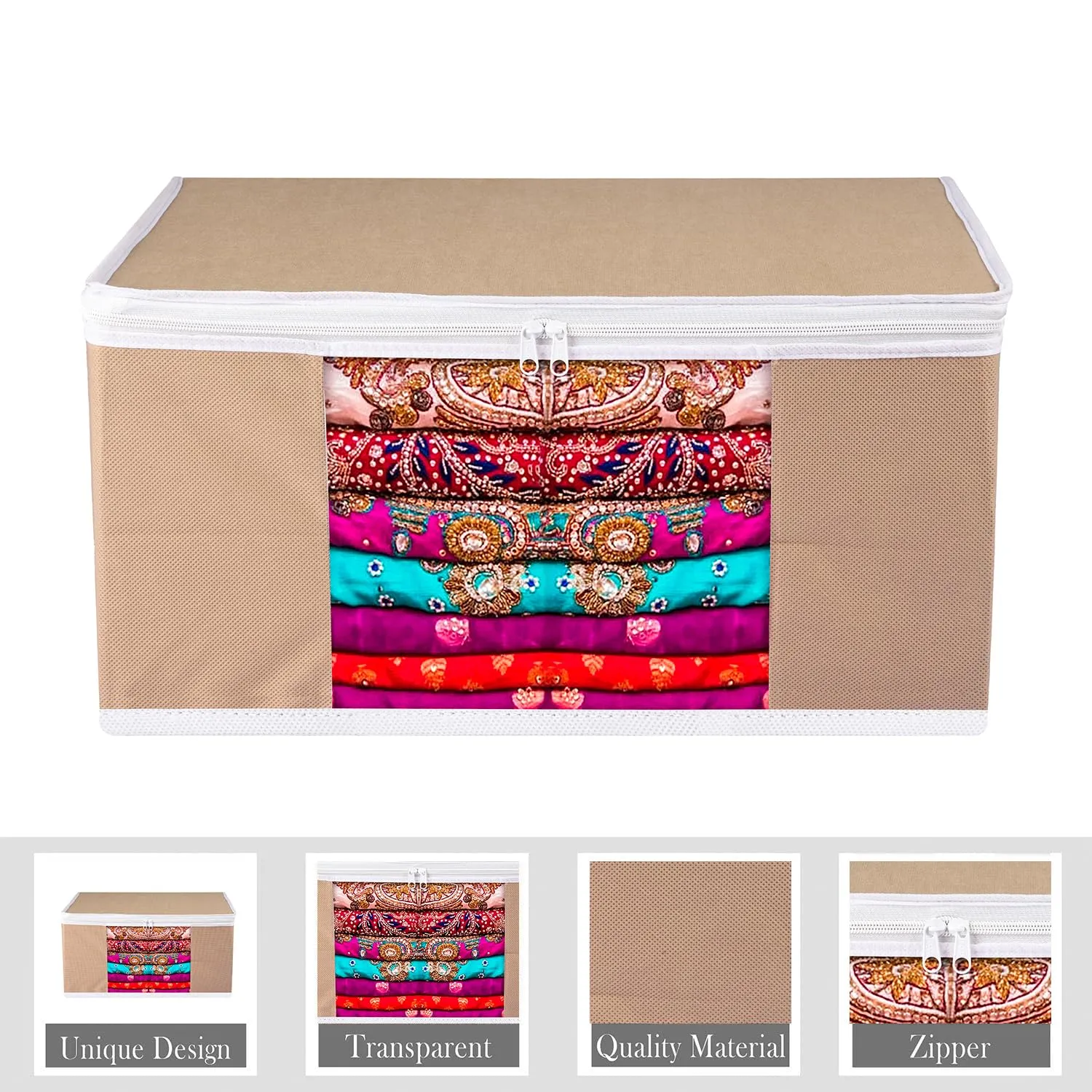 Kuber Industries Saree Cover | Zip Closure Saree Cover | Clothes Storage Bag | Wardrobe Organiser for Suit | Transparent Window Saree Cover | Plain-White Border | 9 inch | Pack of 6 | Brown