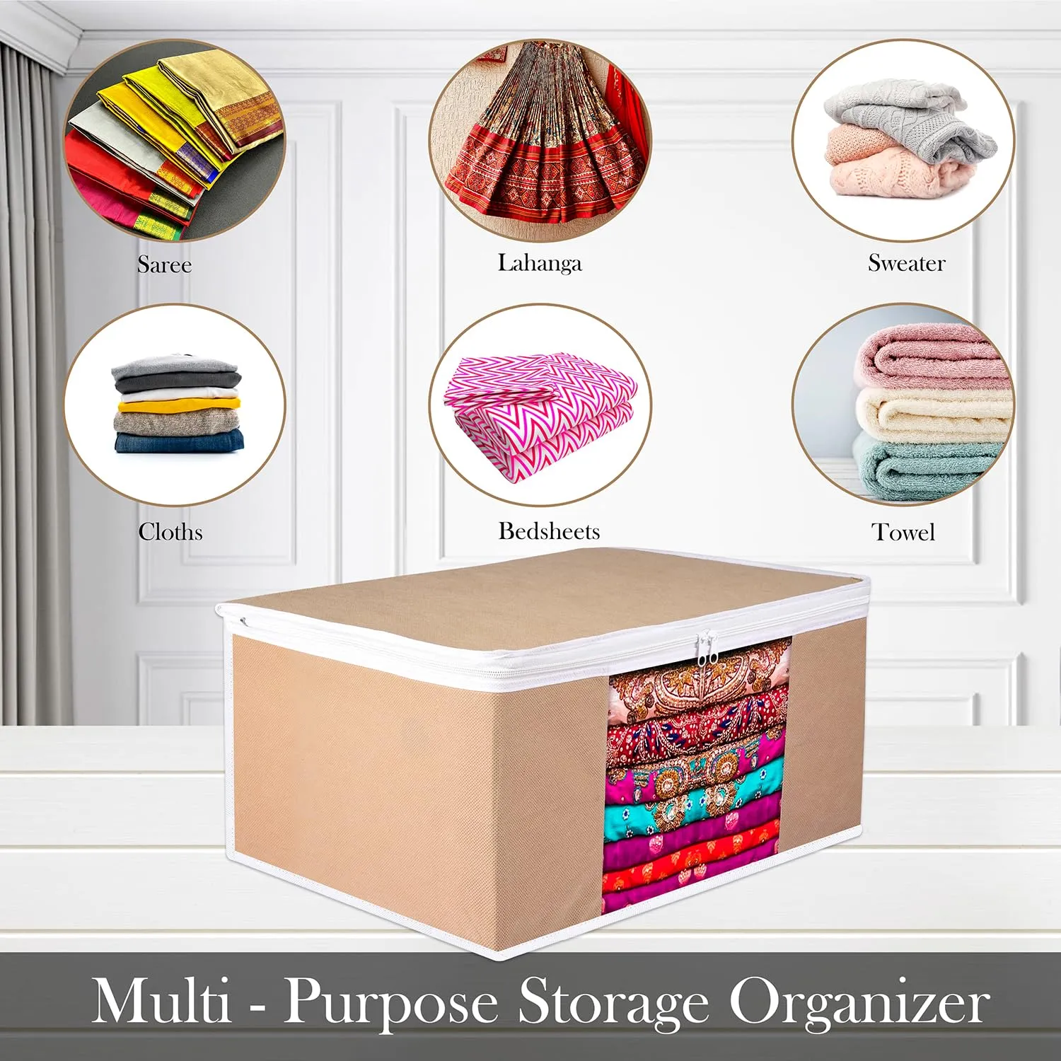 Kuber Industries Saree Cover | Zip Closure Saree Cover | Clothes Storage Bag | Wardrobe Organiser for Suit | Transparent Window Saree Cover | Plain-White Border | 9 inch | Pack of 6 | Brown