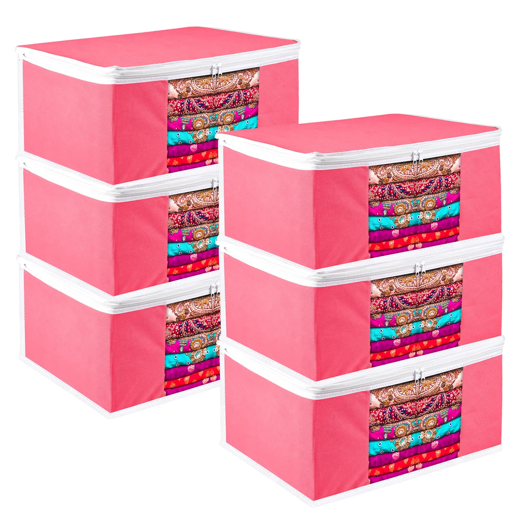 Kuber Industries Saree Cover | Zip Closure Saree Cover | Clothes Storage Bag | Wardrobe Organiser for Suit | Transparent Window Saree Cover | Plain-White Border | 9 inch | Pack of 6 | Pink