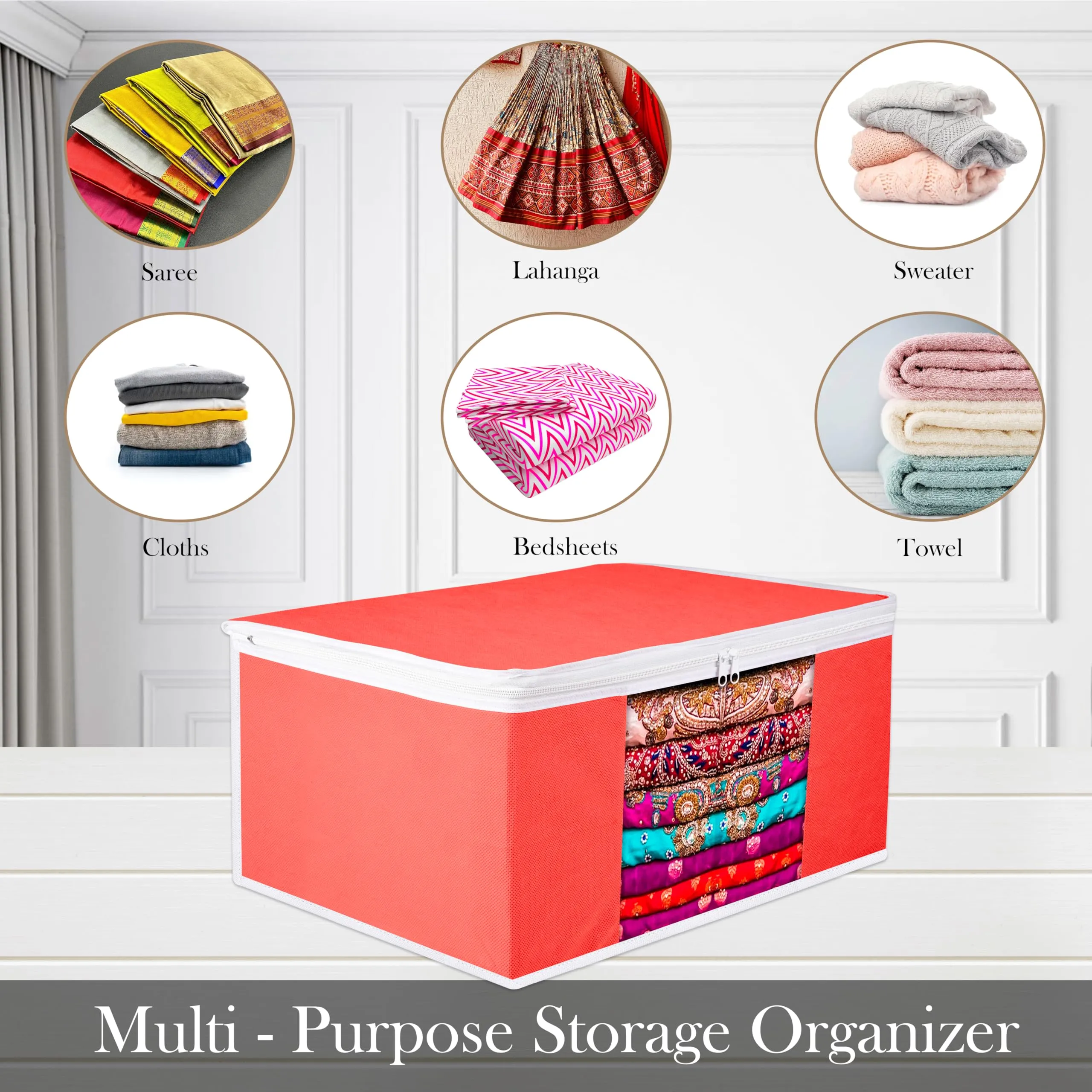 Kuber Industries Saree Cover | Zip Closure Saree Cover | Clothes Storage Bag | Wardrobe Organiser for Suit | Transparent Window Saree Cover | Plain-White Border | 9 inch | Pack of 6 | Red