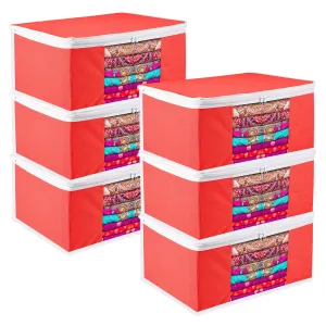 Kuber Industries Saree Cover | Zip Closure Saree Cover | Clothes Storage Bag | Wardrobe Organiser for Suit | Transparent Window Saree Cover | Plain-White Border | 9 inch | Pack of 6 | Red