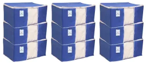 Kuber Industries Saree Cover | Zip Closure Saree Cover | Clothes Storage Bag | Wardrobe Organiser for Suit | Transparent Window Saree Cover | Plain-White Border | 9 inch | Pack of 9 | Blue