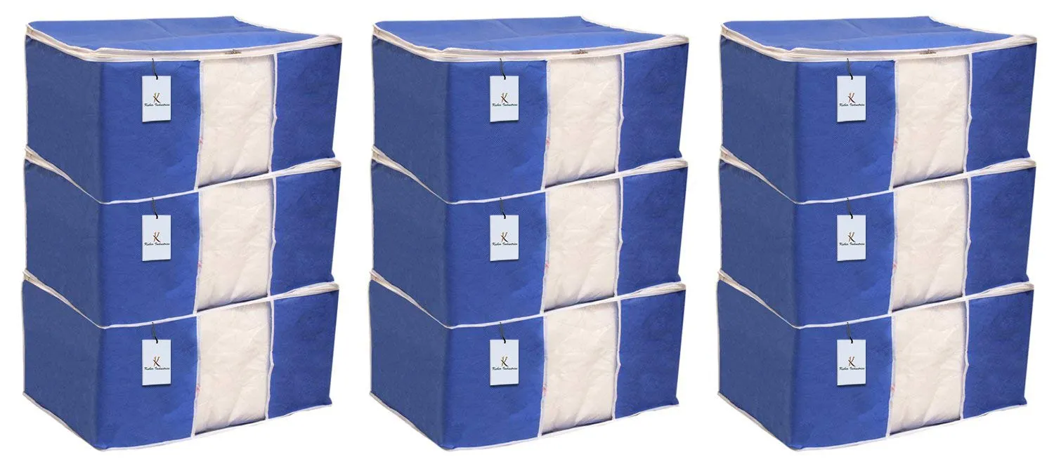 Kuber Industries Saree Cover | Zip Closure Saree Cover | Clothes Storage Bag | Wardrobe Organiser for Suit | Transparent Window Saree Cover | Plain-White Border | 9 inch | Pack of 9 | Blue