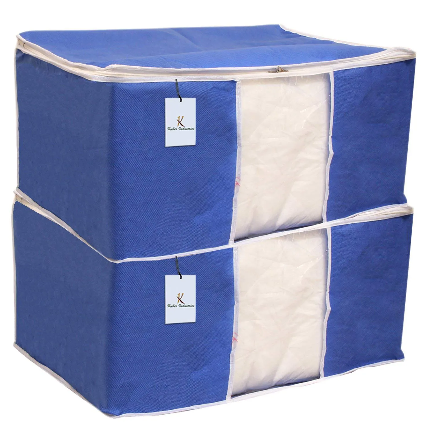 Kuber Industries Saree Cover | Zip Closure Saree Cover | Clothes Storage Bag | Wardrobe Organiser for Suit | Transparent Window Saree Cover | Plain-White Border | 9 inch | Pack of 9 | Blue
