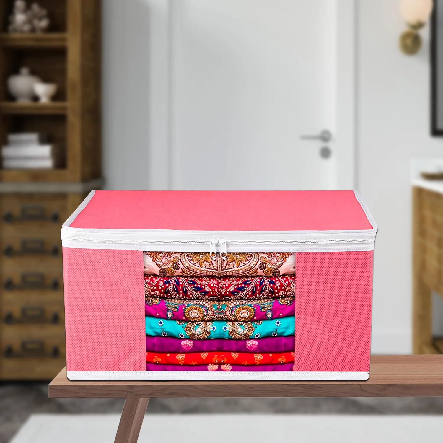 Kuber Industries Saree Cover | Zip Closure Saree Cover | Clothes Storage Bag | Wardrobe Organiser for Suit | Transparent Window Saree Cover | Plain-White Border | 9 inch | Pack of 9 | Pink