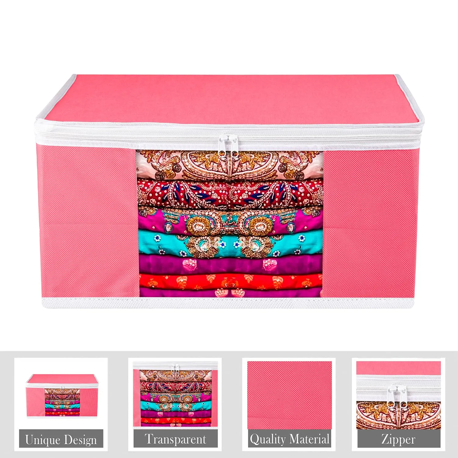 Kuber Industries Saree Cover | Zip Closure Saree Cover | Clothes Storage Bag | Wardrobe Organiser for Suit | Transparent Window Saree Cover | Plain-White Border | 9 inch | Pack of 9 | Pink