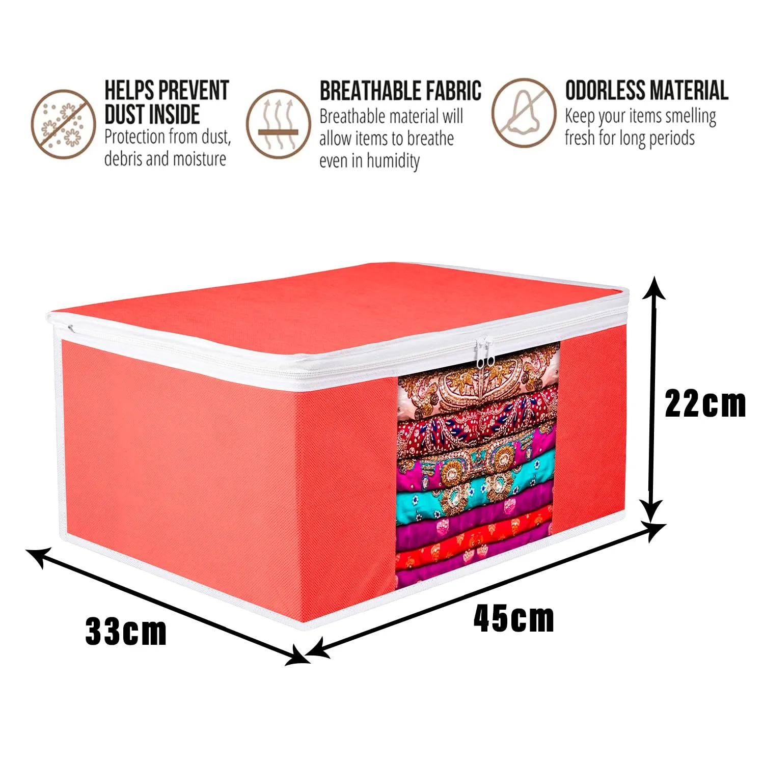 Kuber Industries Saree Cover | Zip Closure Saree Cover | Clothes Storage Bag | Wardrobe Organiser for Suit | Transparent Window Saree Cover | Plain-White Border | 9 inch | Pack of 9 | Red