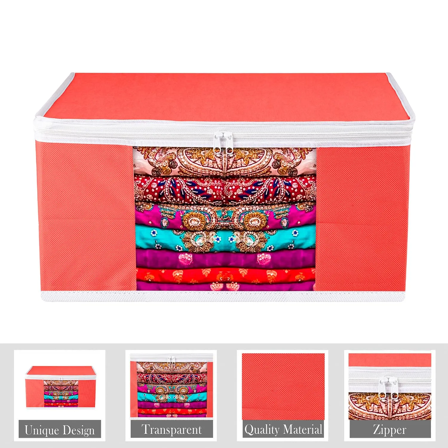 Kuber Industries Saree Cover | Zip Closure Saree Cover | Clothes Storage Bag | Wardrobe Organiser for Suit | Transparent Window Saree Cover | Plain-White Border | 9 inch | Pack of 9 | Red