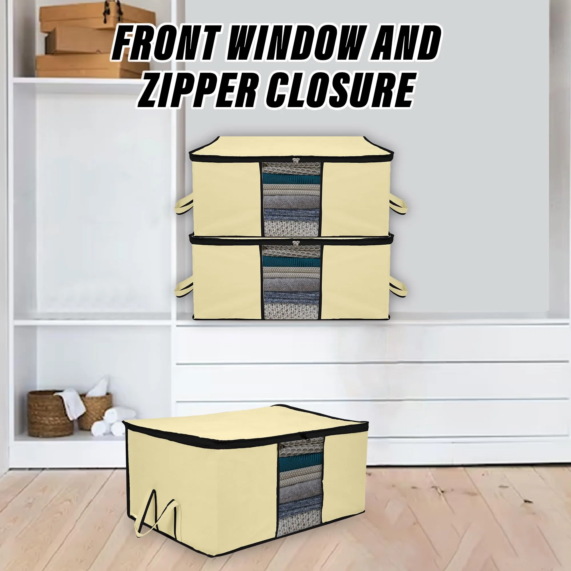 Kuber Industries Underbed Storage Bag | Clothes Storage Organizer | Blanket Cover with Clear Window | Zipper Closure & Handle Cloth Organizer | Plain Black Border | Large | Pack of 6 | Cream