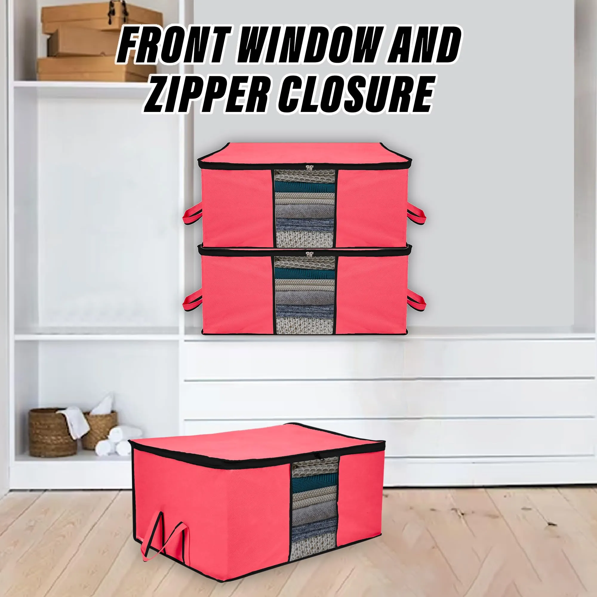 Kuber Industries Underbed Storage Bag | Clothes Storage Organizer | Blanket Cover with Clear Window | Zipper Closure & Handle Cloth Organizer | Plain Black Border | Large | Pack of 6 | Pink