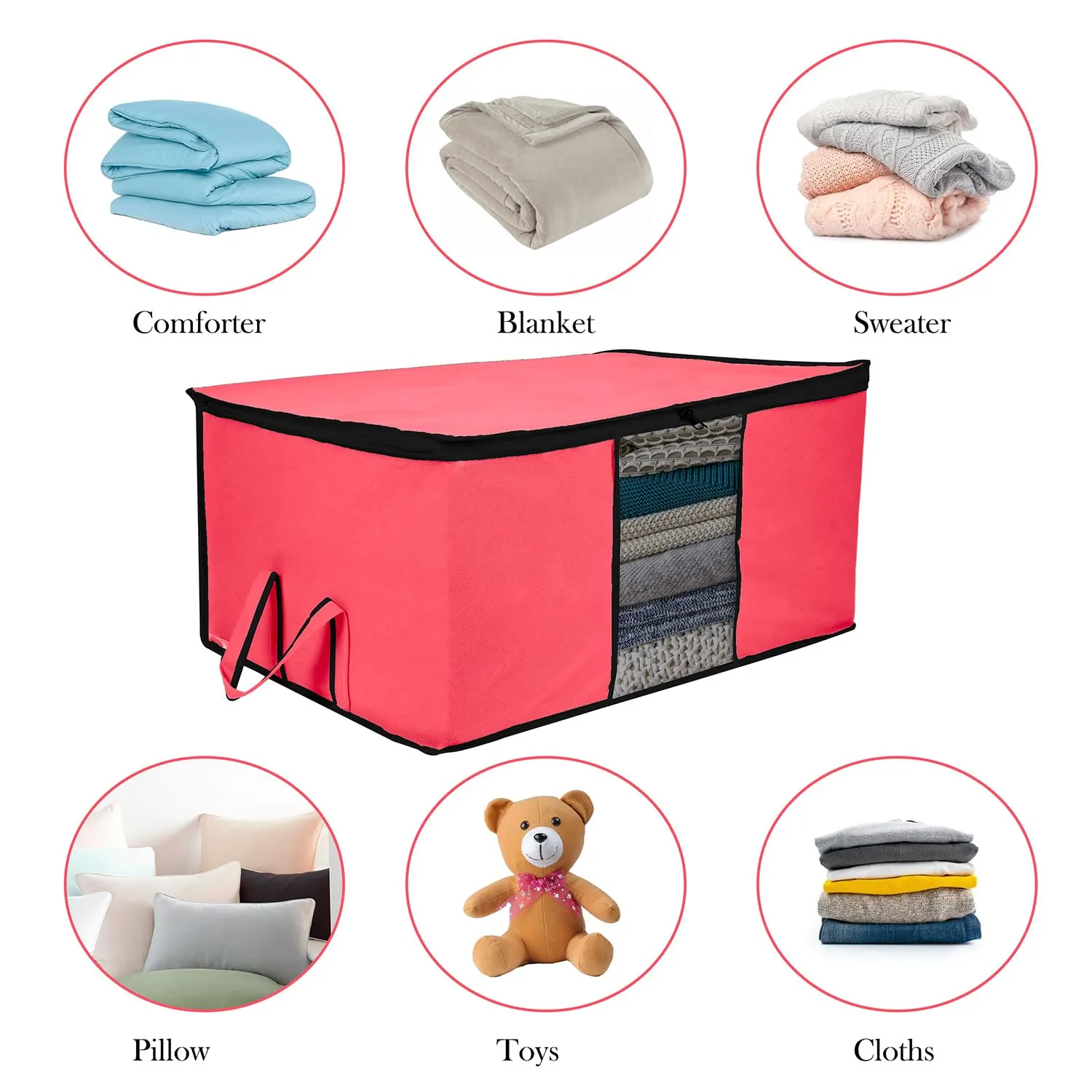 Kuber Industries Underbed Storage Bag | Clothes Storage Organizer | Blanket Cover with Clear Window | Zipper Closure & Handle Cloth Organizer | Plain Black Border | Large | Pack of 6 | Pink