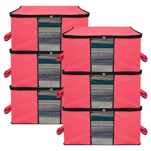 Kuber Industries Underbed Storage Bag | Clothes Storage Organizer | Blanket Cover with Clear Window | Zipper Closure & Handle Cloth Organizer | Plain Black Border | Large | Pack of 6 | Pink
