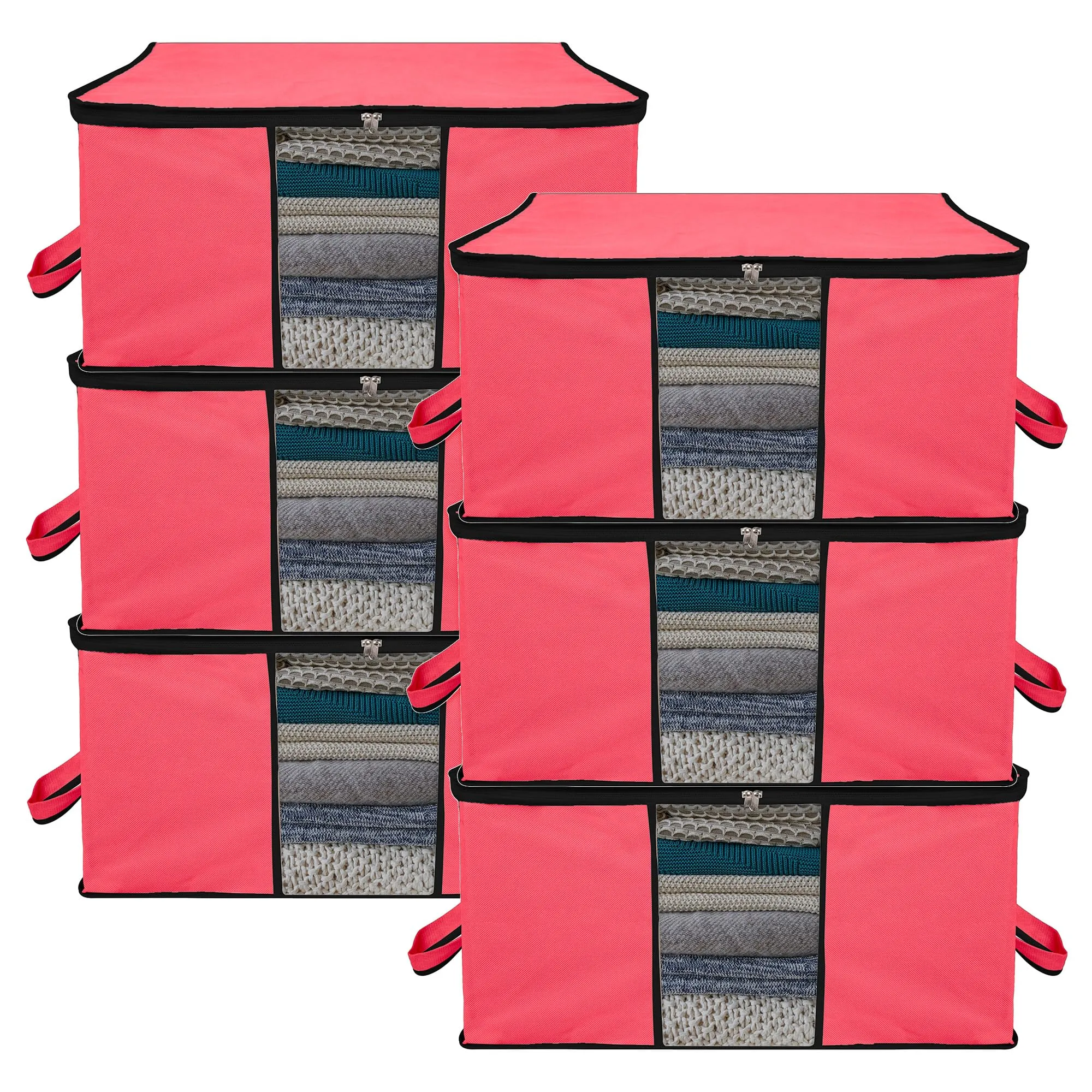 Kuber Industries Underbed Storage Bag | Clothes Storage Organizer | Blanket Cover with Clear Window | Zipper Closure & Handle Cloth Organizer | Plain Black Border | Large | Pack of 6 | Pink