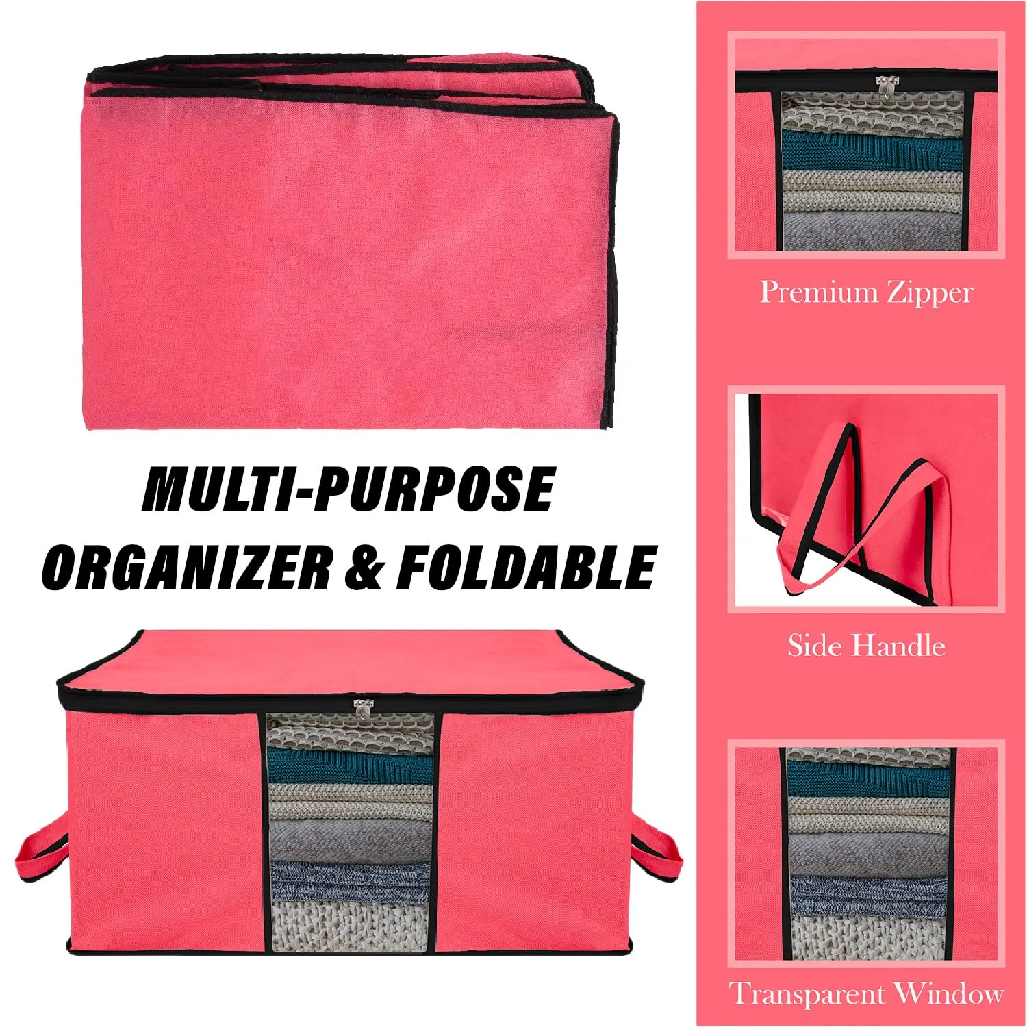 Kuber Industries Underbed Storage Bag | Clothes Storage Organizer | Blanket Cover with Clear Window | Zipper Closure & Handle Cloth Organizer | Plain Black Border | Large | Pack of 6 | Pink