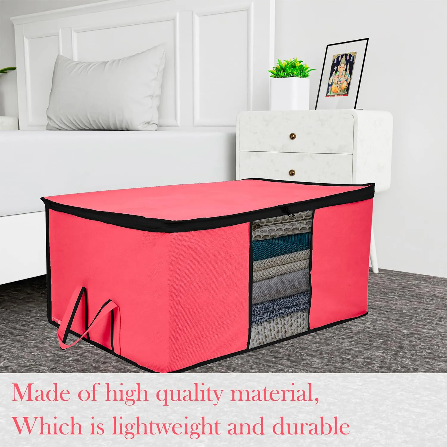 Kuber Industries Underbed Storage Bag | Clothes Storage Organizer | Blanket Cover with Clear Window | Zipper Closure & Handle Cloth Organizer | Plain Black Border | Large | Pack of 6 | Pink