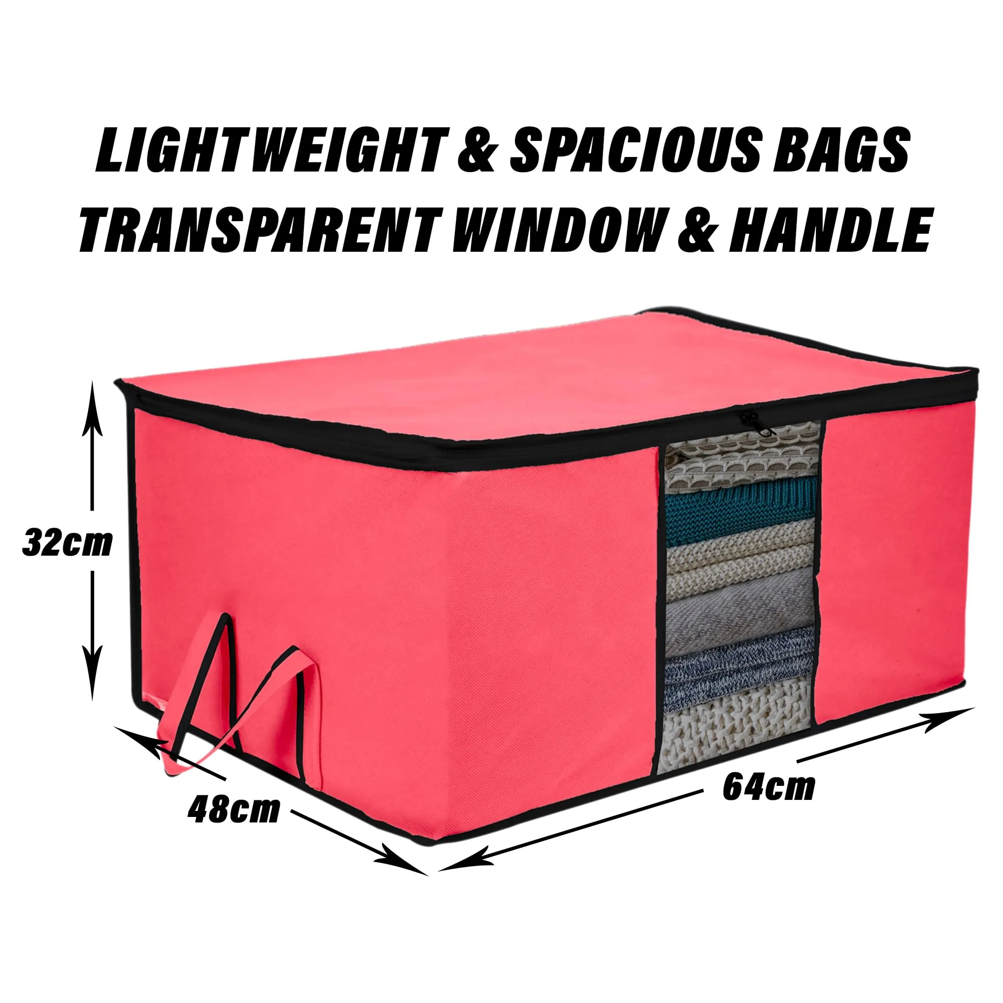 Kuber Industries Underbed Storage Bag | Clothes Storage Organizer | Blanket Cover with Clear Window | Zipper Closure & Handle Cloth Organizer | Plain Black Border | Large | Pack of 6 | Pink