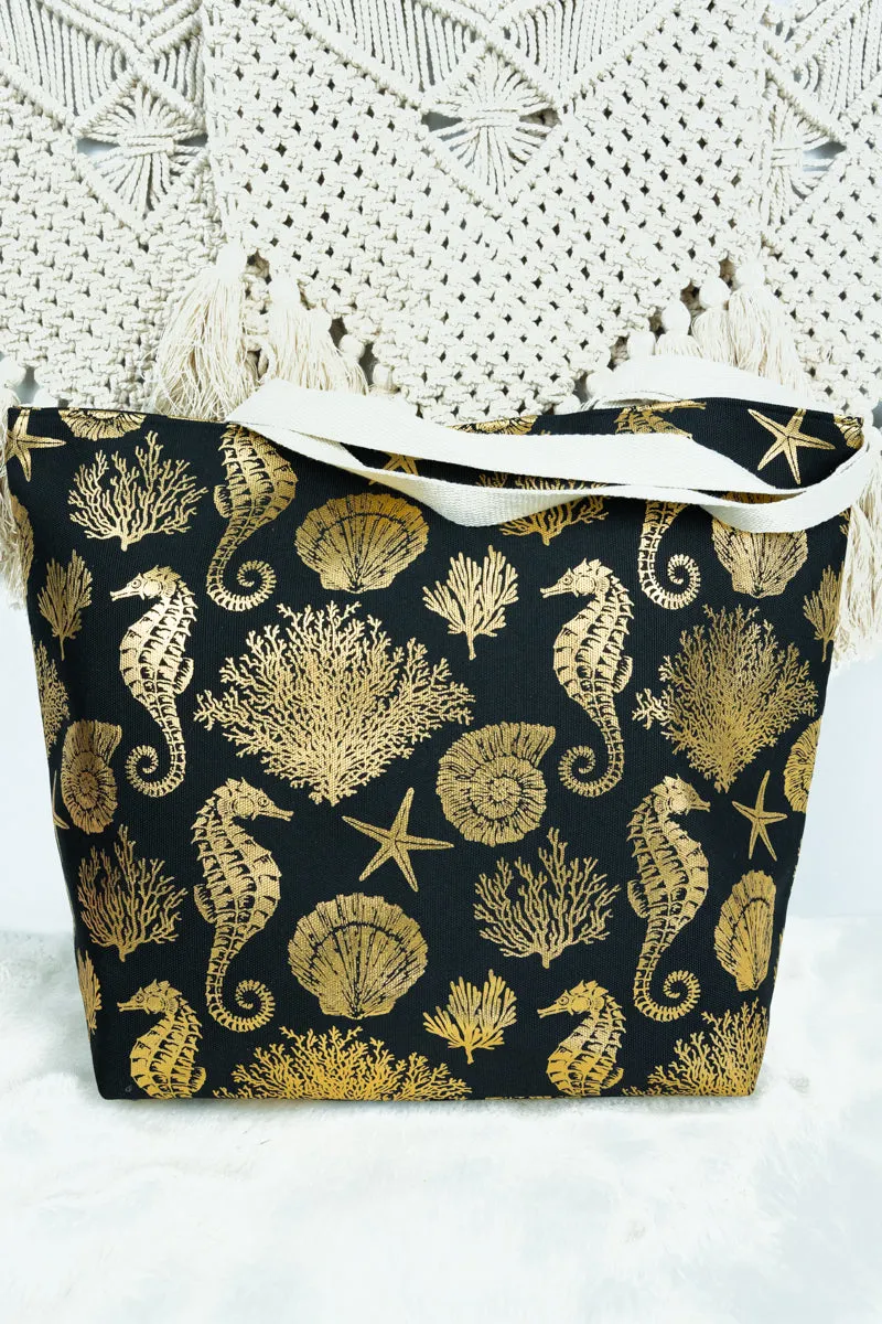 Large Metallic Gold Sea Life Shoulder Travel Tote
