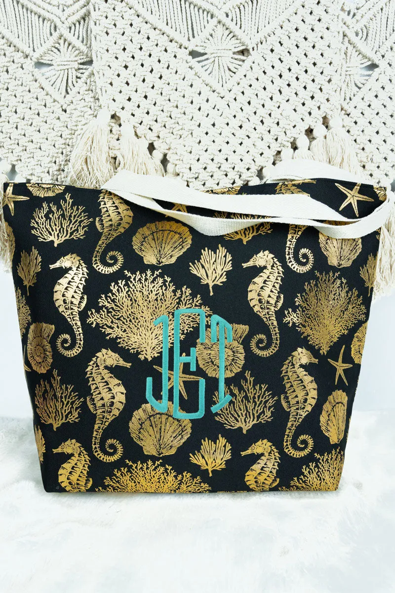 Large Metallic Gold Sea Life Shoulder Travel Tote