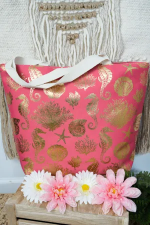 Large Metallic Gold Sea Life Shoulder Travel Tote