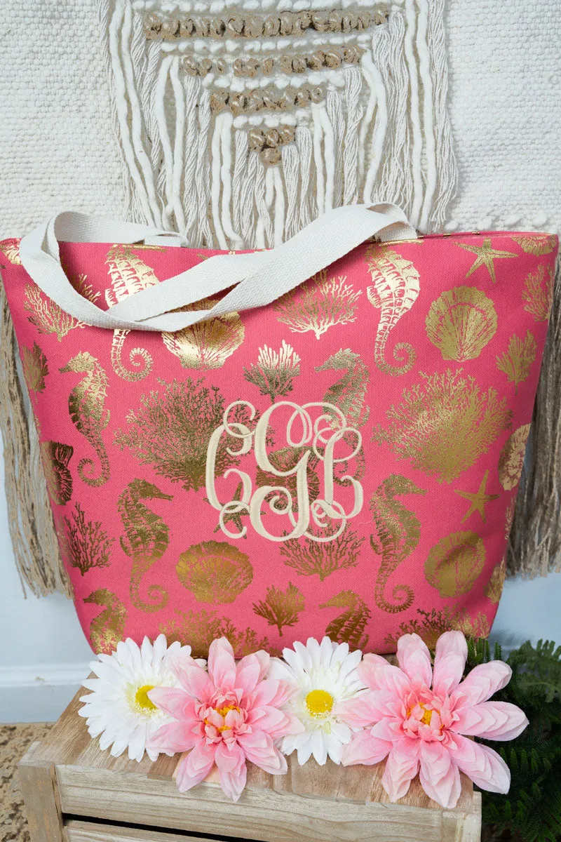 Large Metallic Gold Sea Life Shoulder Travel Tote