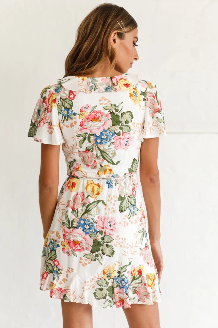 Love Story Angel Sleeve Wrap Dress Floral Print White