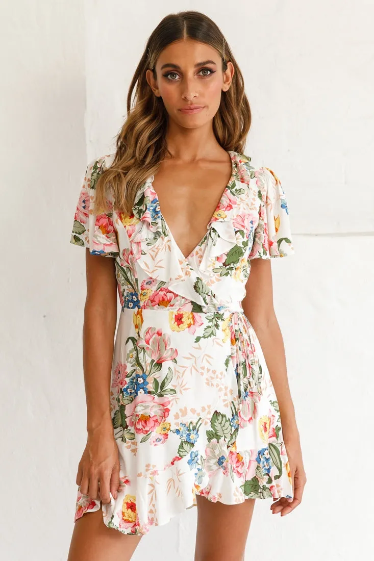 Love Story Angel Sleeve Wrap Dress Floral Print White