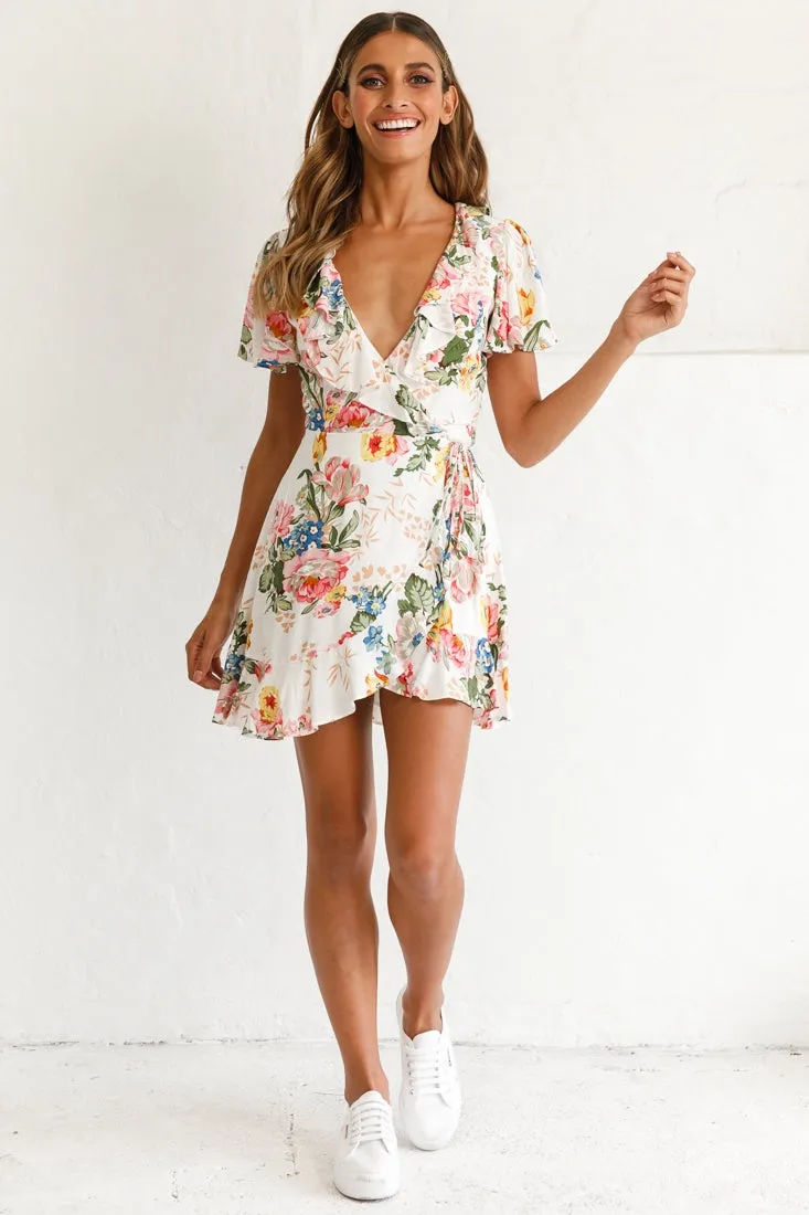 Love Story Angel Sleeve Wrap Dress Floral Print White