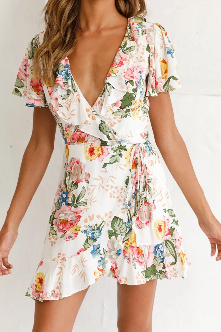 Love Story Angel Sleeve Wrap Dress Floral Print White