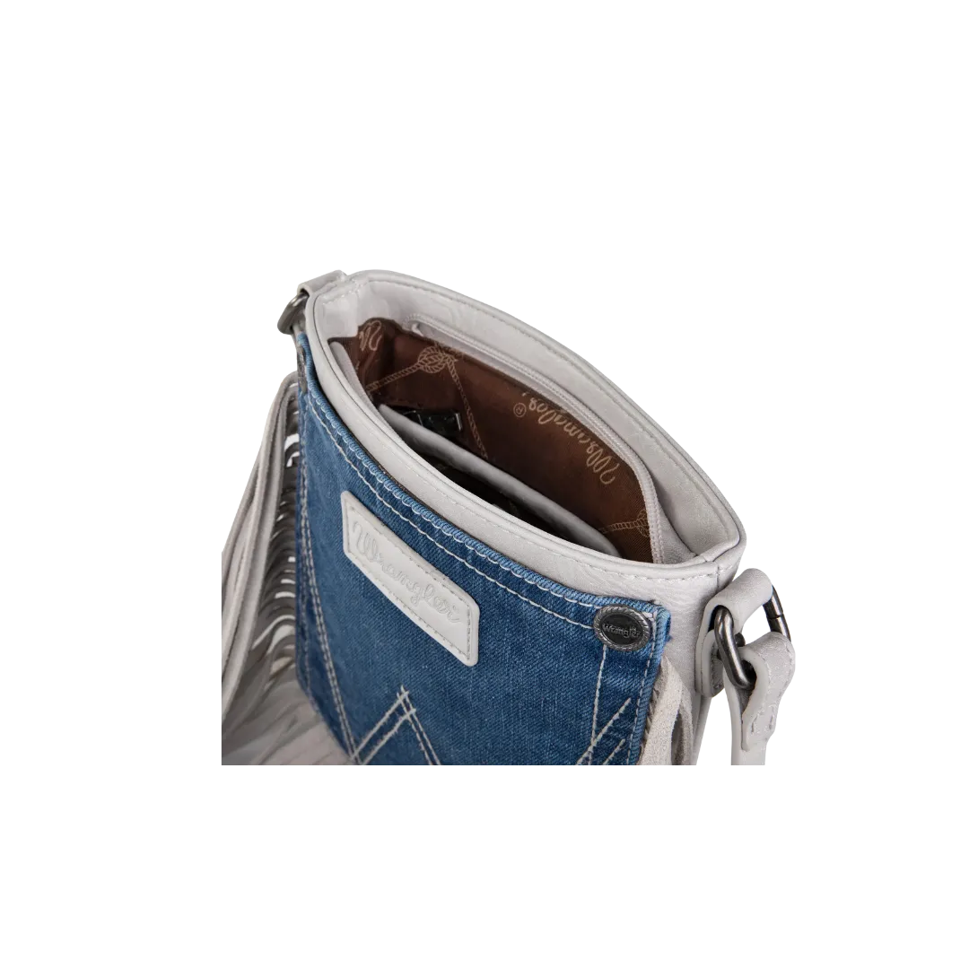 Montana West Women's Wrangler Leather Fringe Denim White Crossbody Bag