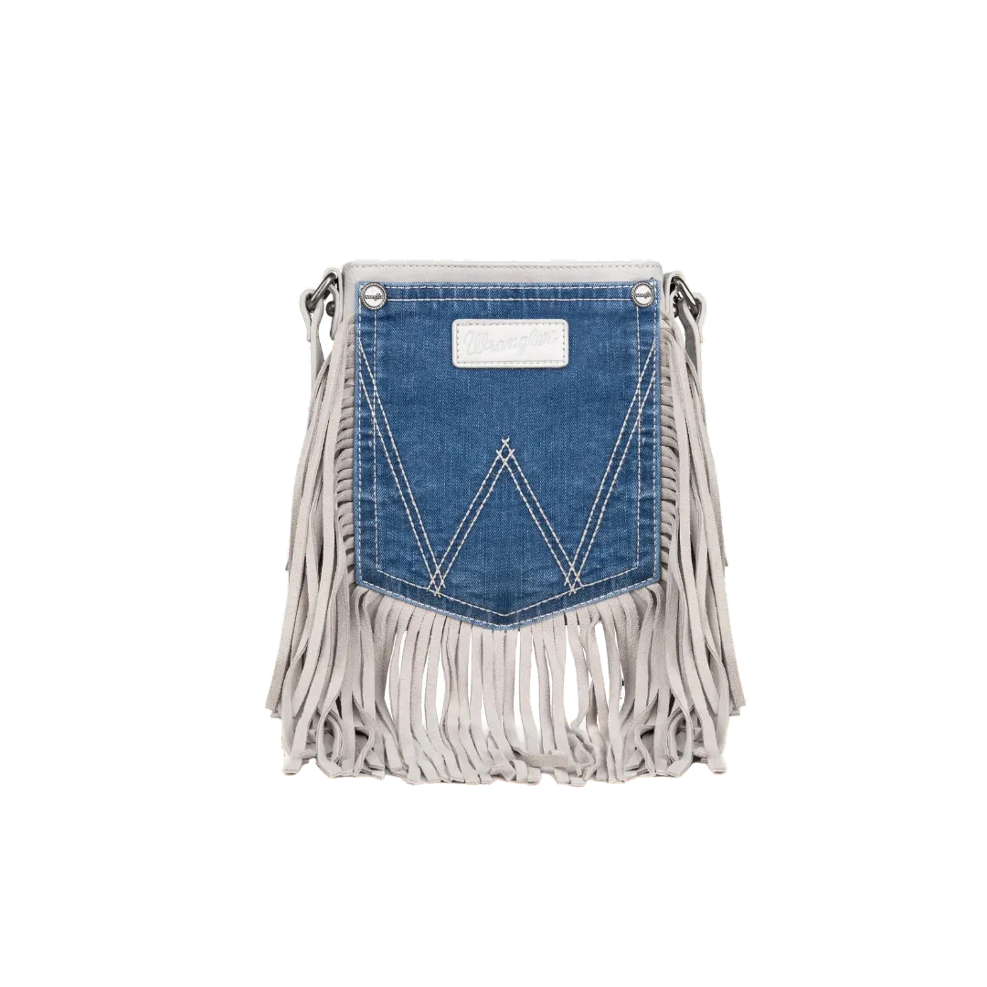 Montana West Women's Wrangler Leather Fringe Denim White Crossbody Bag