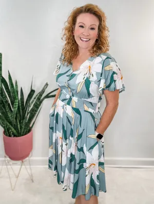 Sage Floral Flutter Sleeve Dress
