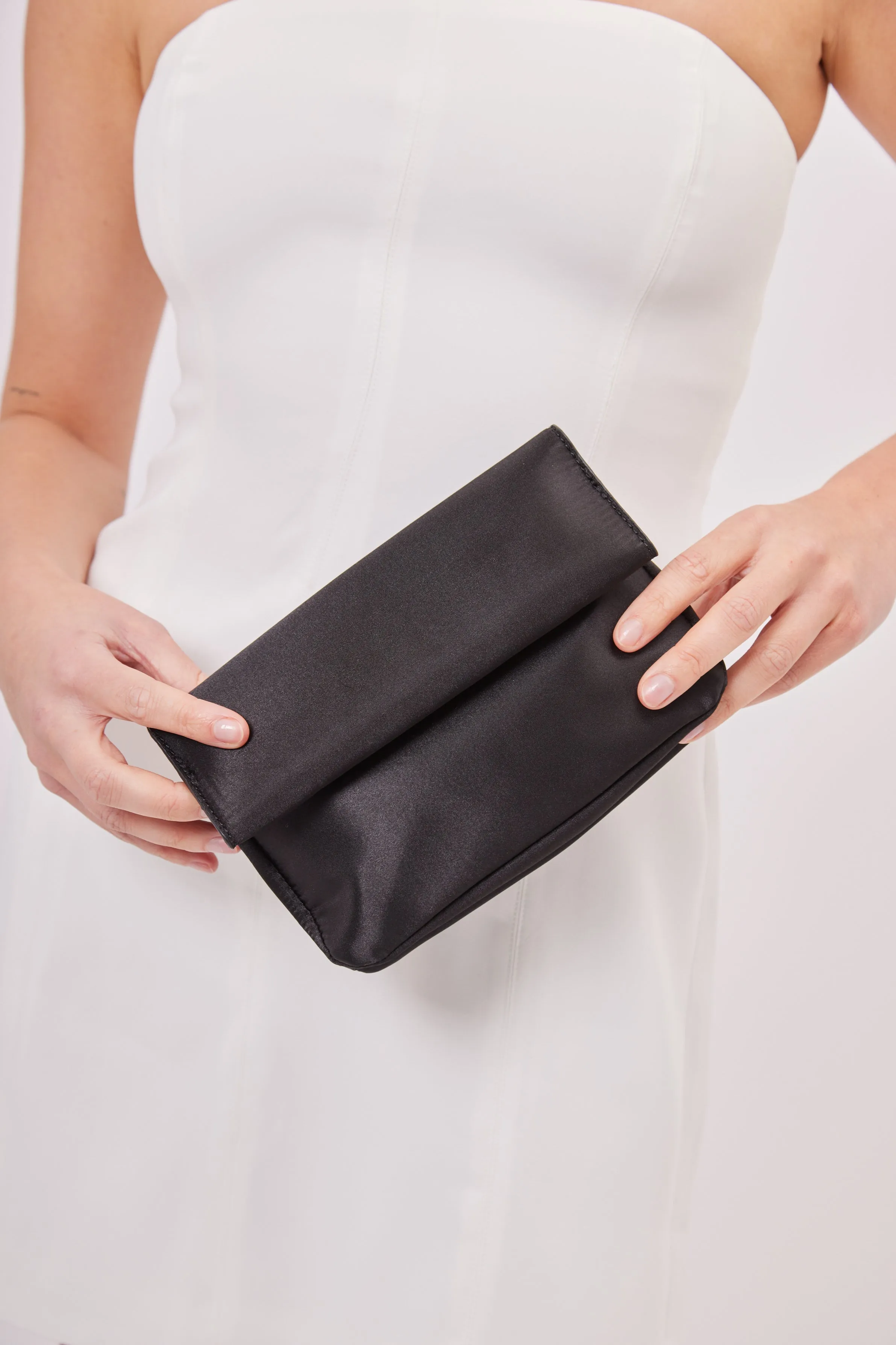Satin Roll Top Clutch Bag in Black