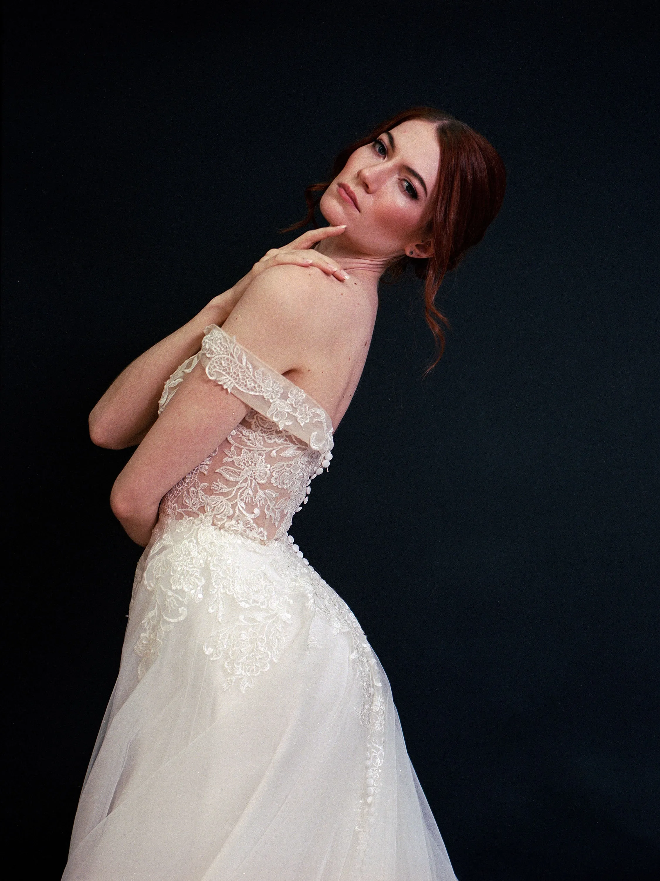 Style D2401 - Elegant off-the-shoulder Frosted Alençon Lace illusive back A-line gown