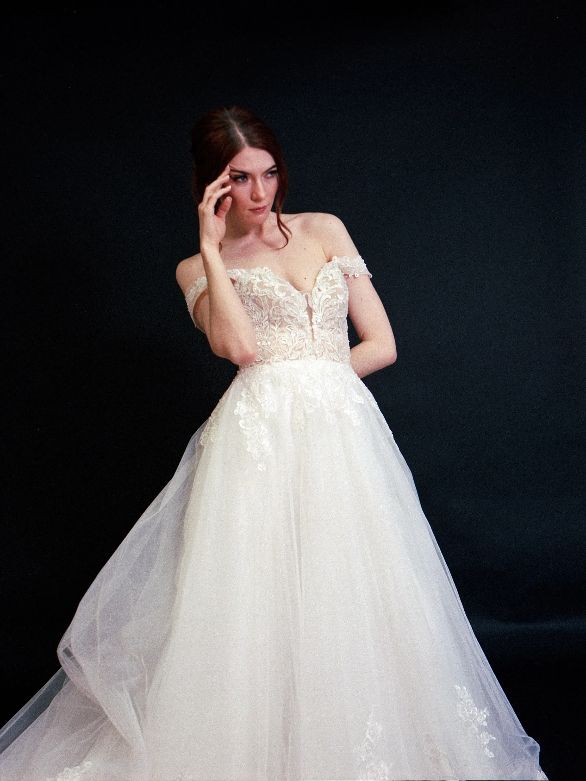 Style D2401 - Elegant off-the-shoulder Frosted Alençon Lace illusive back A-line gown